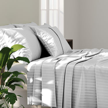 SIMPLE LIVING - 210TC SATIN STRIPE BEDSHEET SET, PACK OF 2(WHITE AND TEA GREEN)