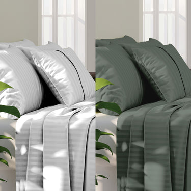 SIMPLE LIVING - 210TC SATIN STRIPE BEDSHEET SET, PACK OF 2(WHITE AND TEA GREEN)