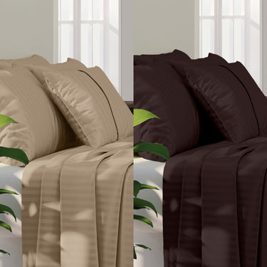 SIMPLE LIVING - 210TC SATIN STRIPE BEDSHEET SET, PACK OF 2(BISCUIT AND DARK CHOCOLATE)