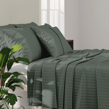 SIMPLE LIVING - 210TC SATIN STRIPE BEDSHEET SET, PACK OF 2(WHITE AND TEA GREEN)