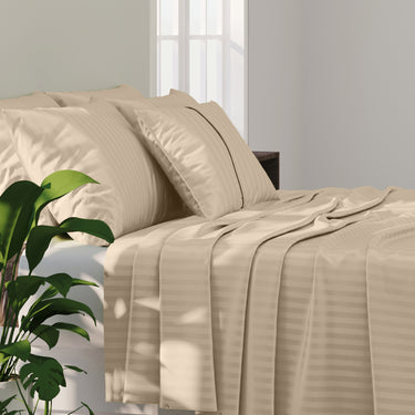 SIMPLE LIVING - 210TC SATIN STRIPE BEDSHEET SET, PACK OF 2(RUST AND BEIGE)